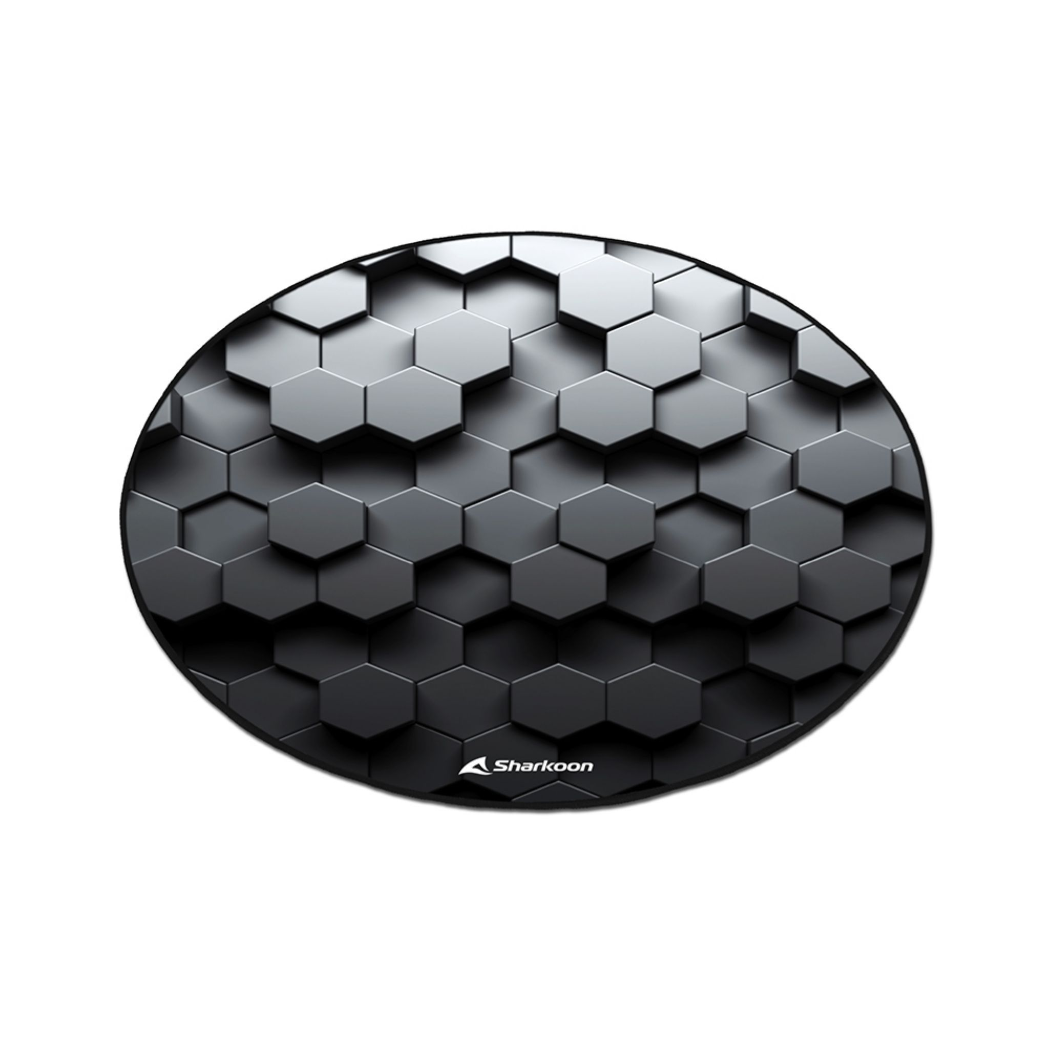 Una alfombrilla de ratón redonda negra y gris con un patrón hexagonal y el logotipo de Sharkoon.