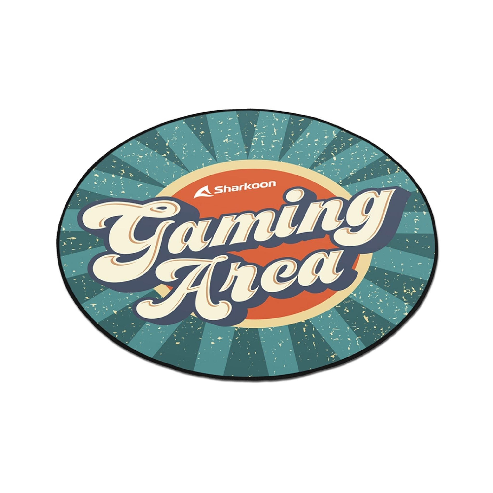 Una alfombrilla de ratón redonda para juegos con texto. Tiene un diseño azul y verde.