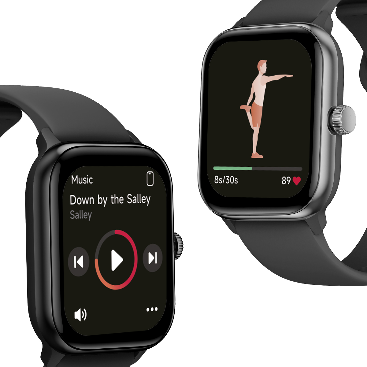 Dwa smartwatche z czarnymi paskami wyświetlają elementy sterowania muzyką i ćwiczenie fitness.