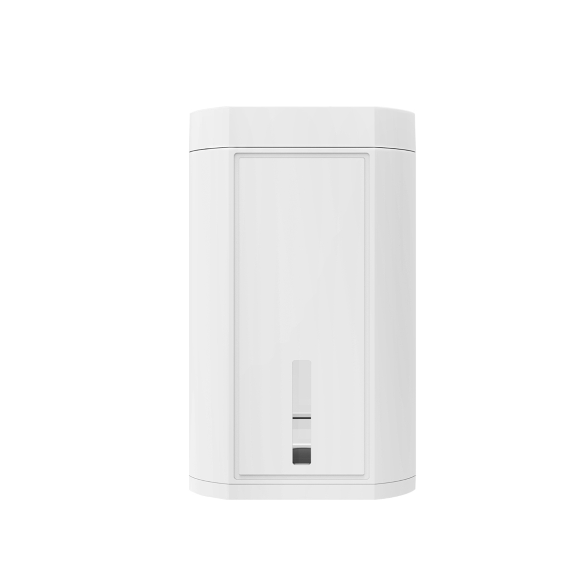 Białe, cylindryczne urządzenie smart home z zagłębioną sekcją. Białe tło.