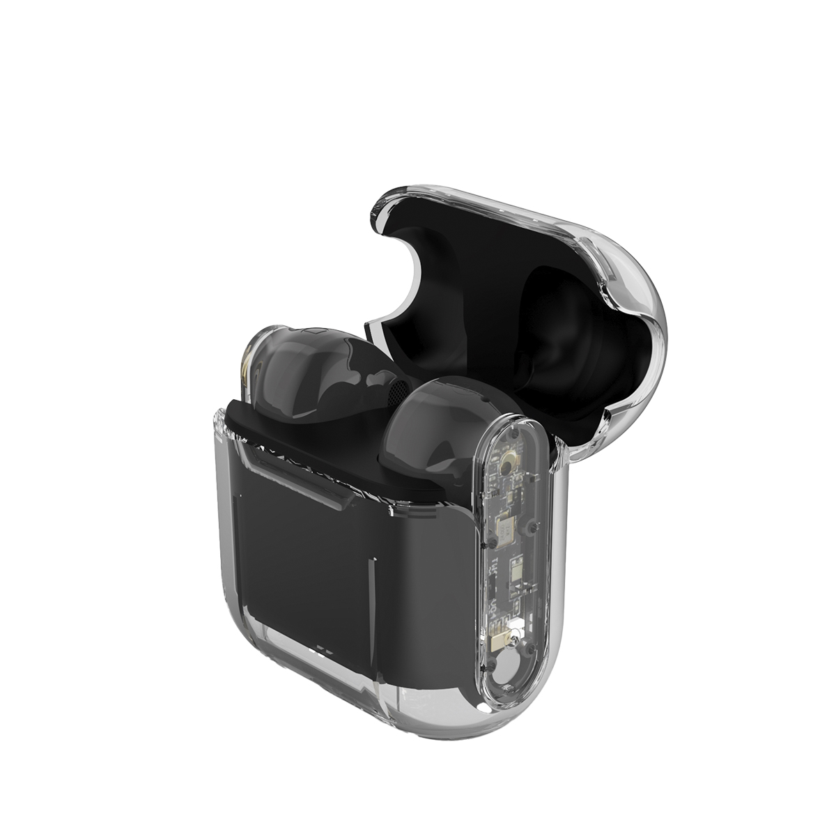 Transparente AirPods-Hülle mit AirPods, zeigt interne Komponenten.