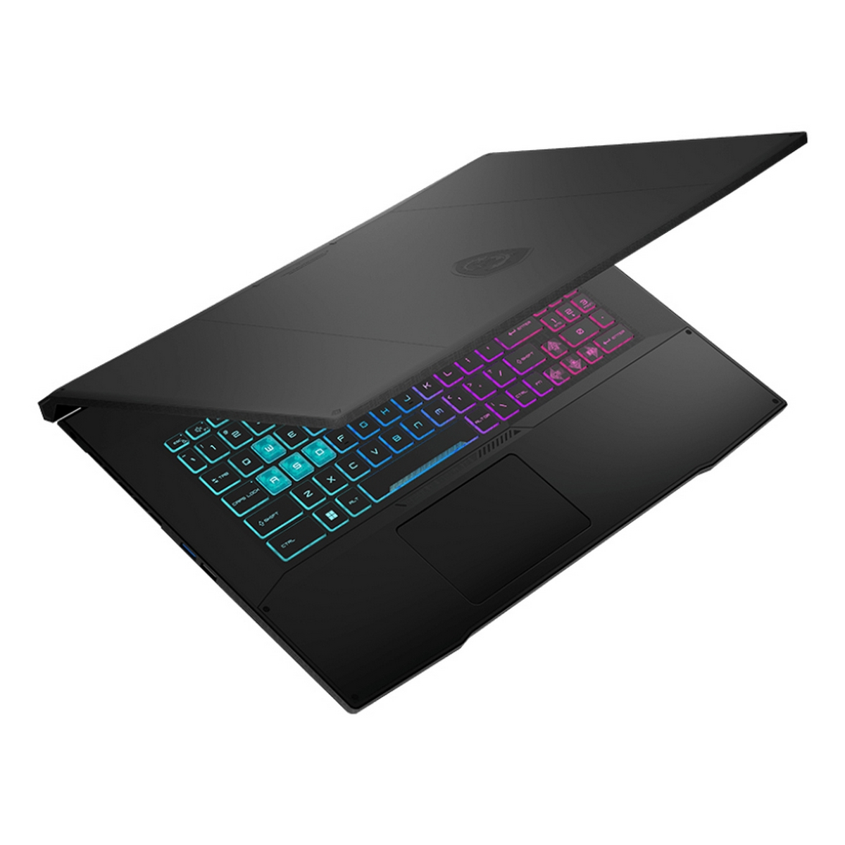 Laptop nero, aperto. La tastiera è illuminata con diversi colori.