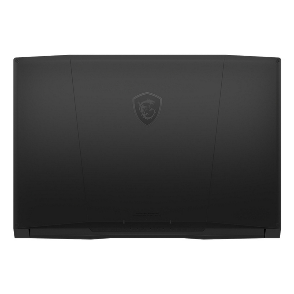Viene mostrata la parte superiore di un laptop nero. Un logo è al centro. La superficie è liscia e opaca.