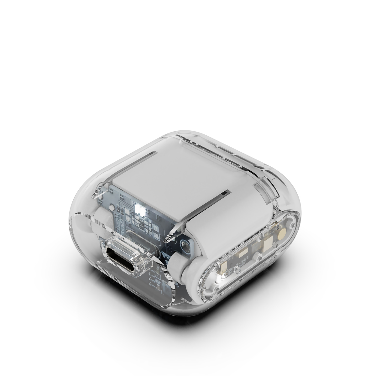 Transparente, offene Ohrhörerhülle. Im Inneren sind interne Komponenten, ein USB-C-Anschluss und zwei zylindrische Batterien zu sehen.