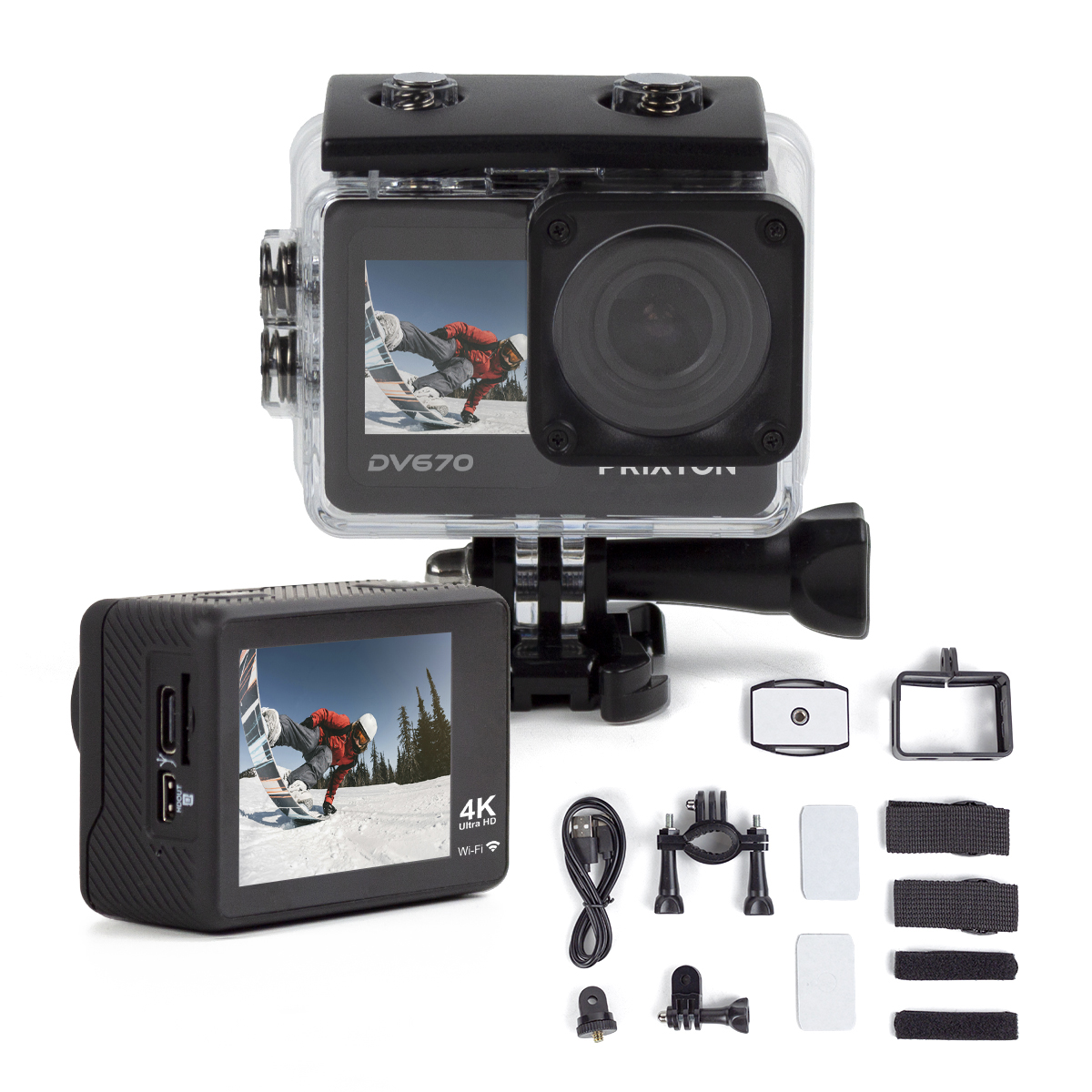 Czarna kamera sportowa z etui i akcesoriami. Białe tło.