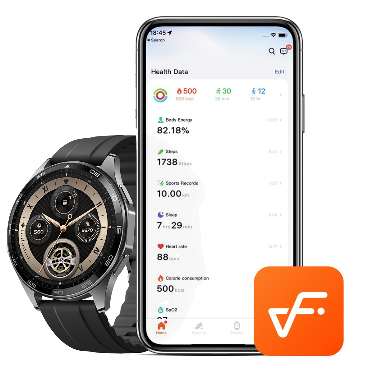 Smartwatch met gezondheidsgegevens, naast een smartphone met app-interface.