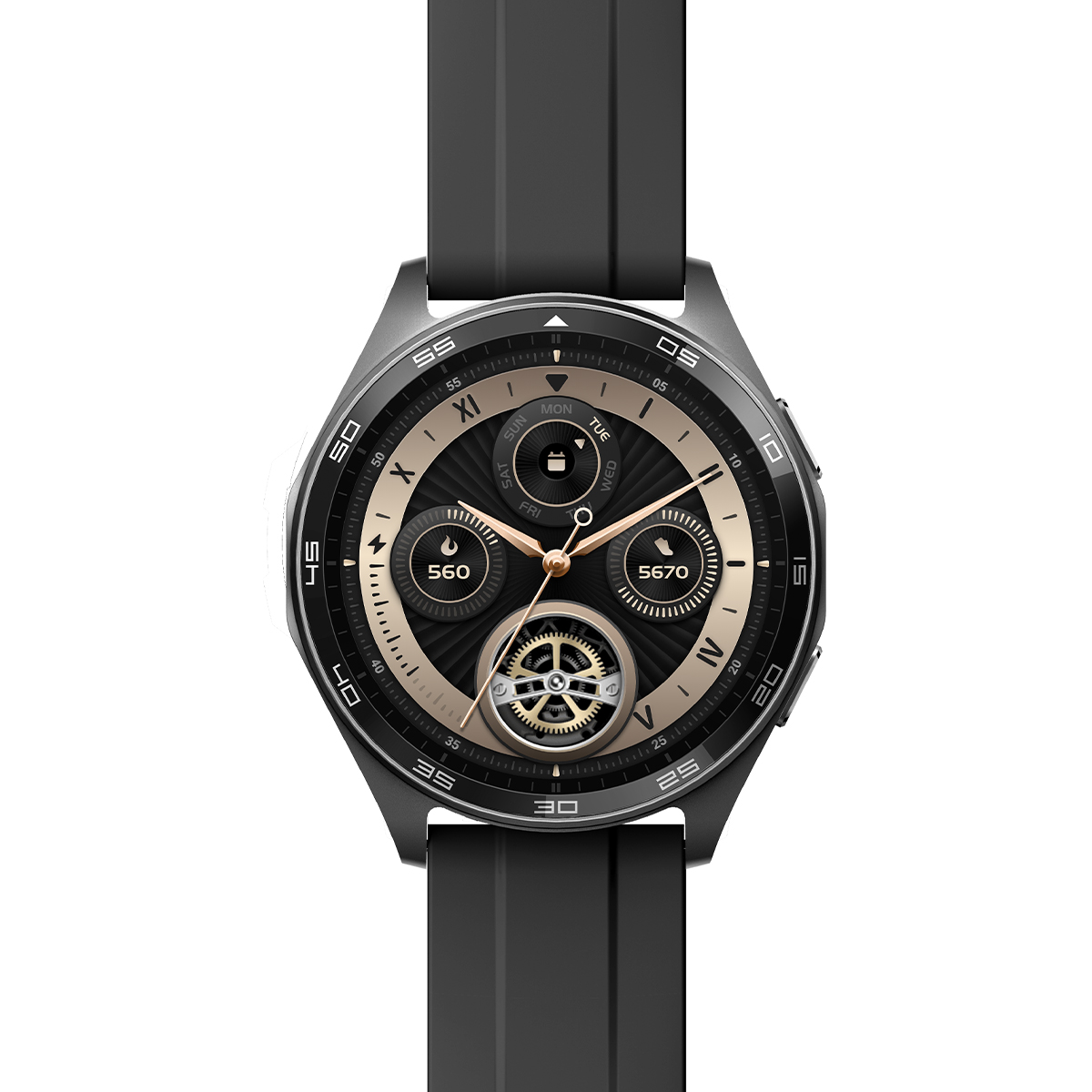 Zwarte smartwatch met een rond display, zwarte band en gouden accenten op een witte achtergrond.