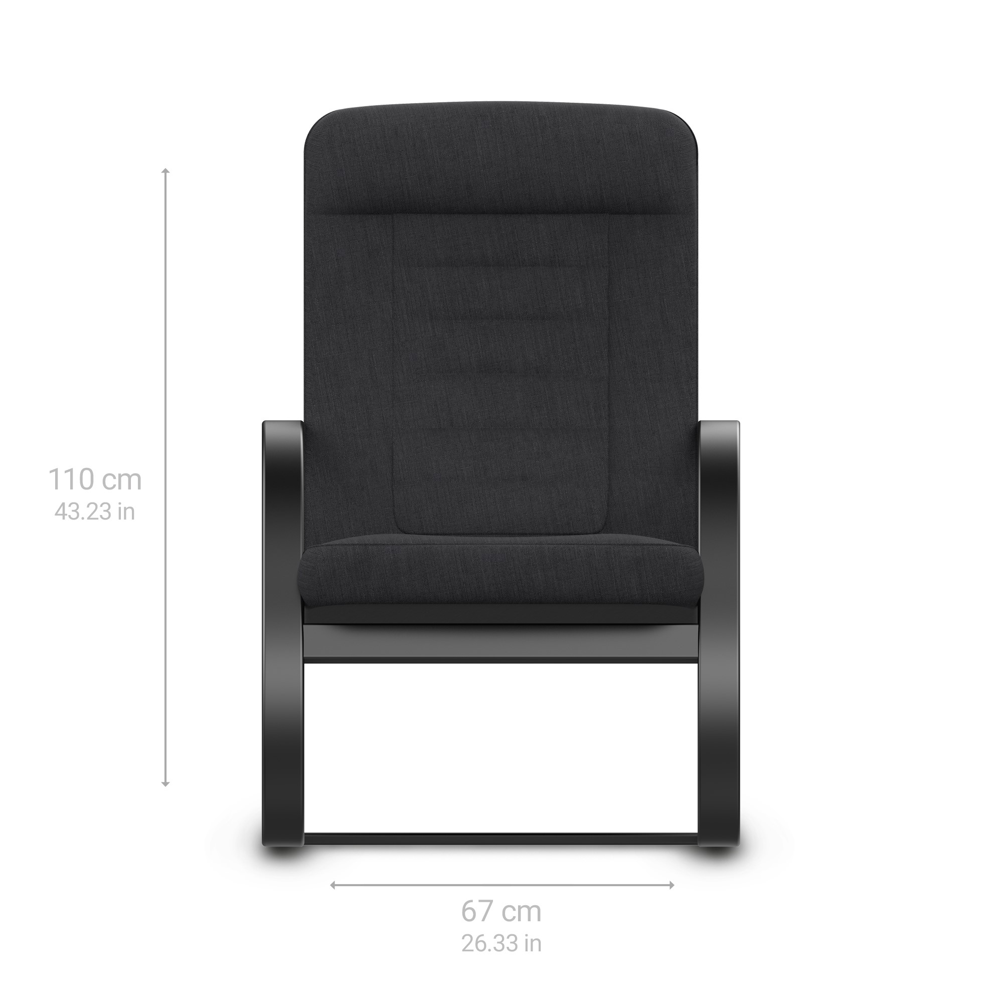 Black chair, front view, with dimensions. Gray fabric, black frame, white background.