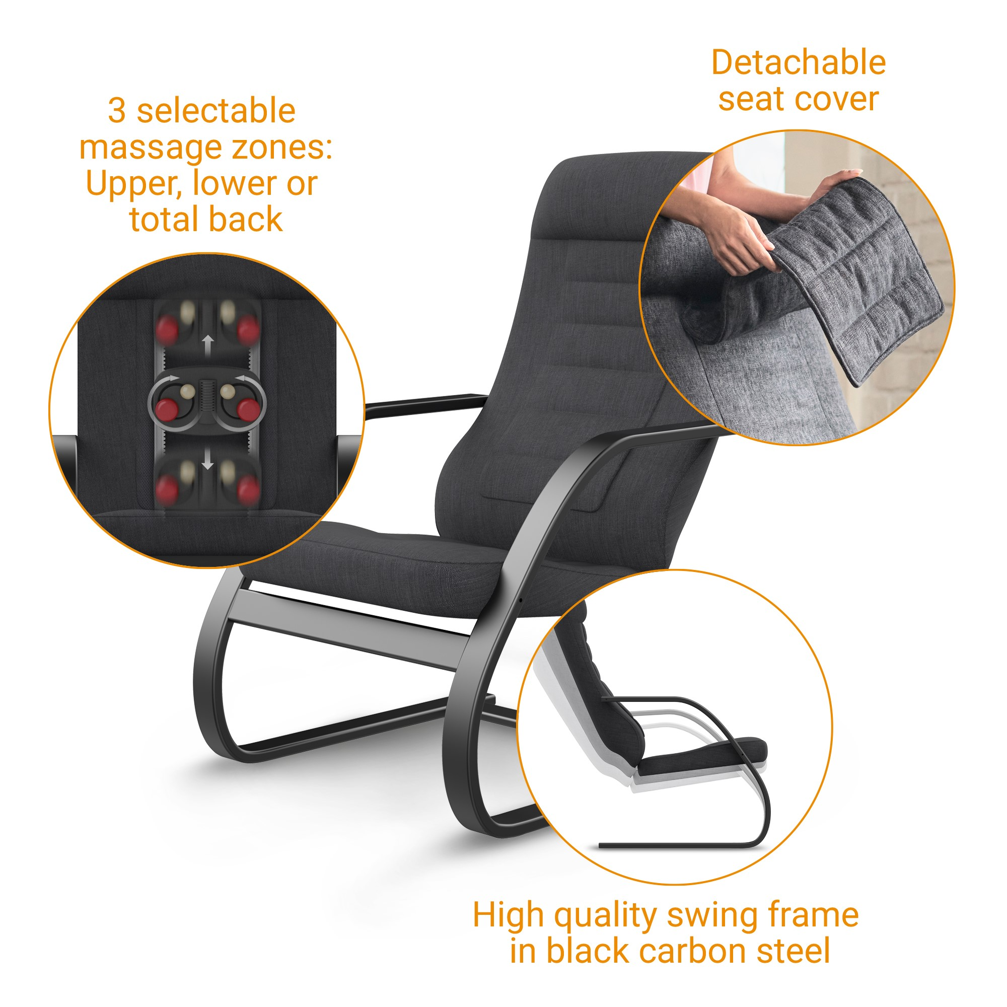 Massage chair showing different massage zones. Features include detachable seat cover.