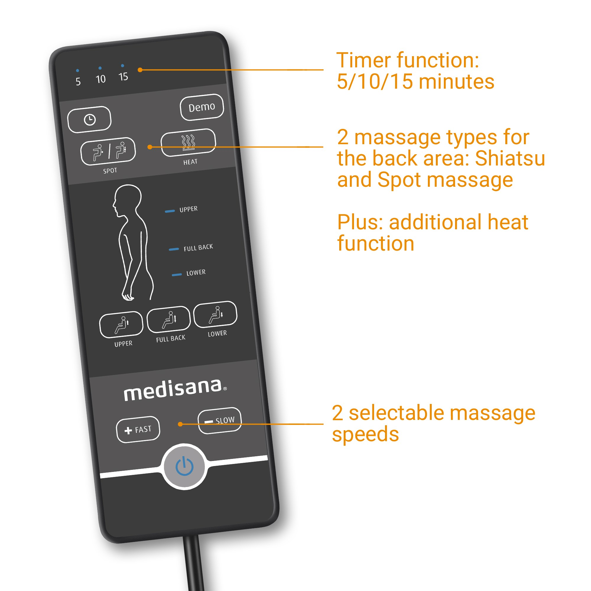 Black massage control with buttons, diagrams, and text for settings.