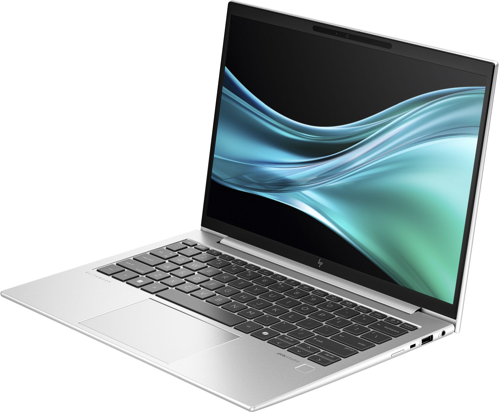 Srebrny laptop z klawiaturą, ekranem z niebieskim i zielonym wzorem. Widok z boku, otwarty.