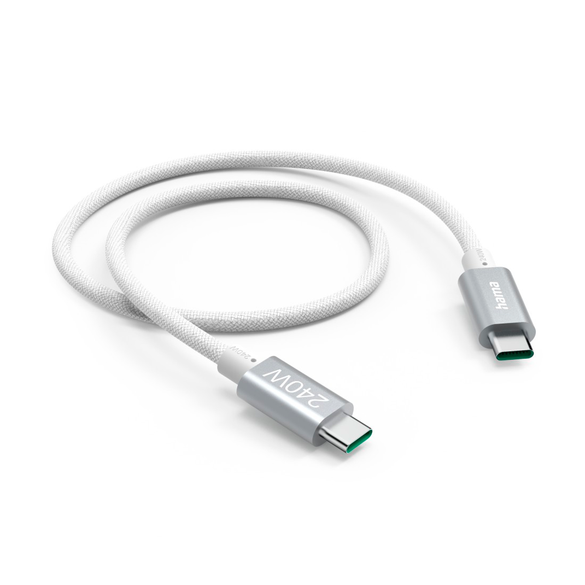 Biały kabel USB-C ze srebrnymi złączami, oznaczony 240W, na białym tle.
