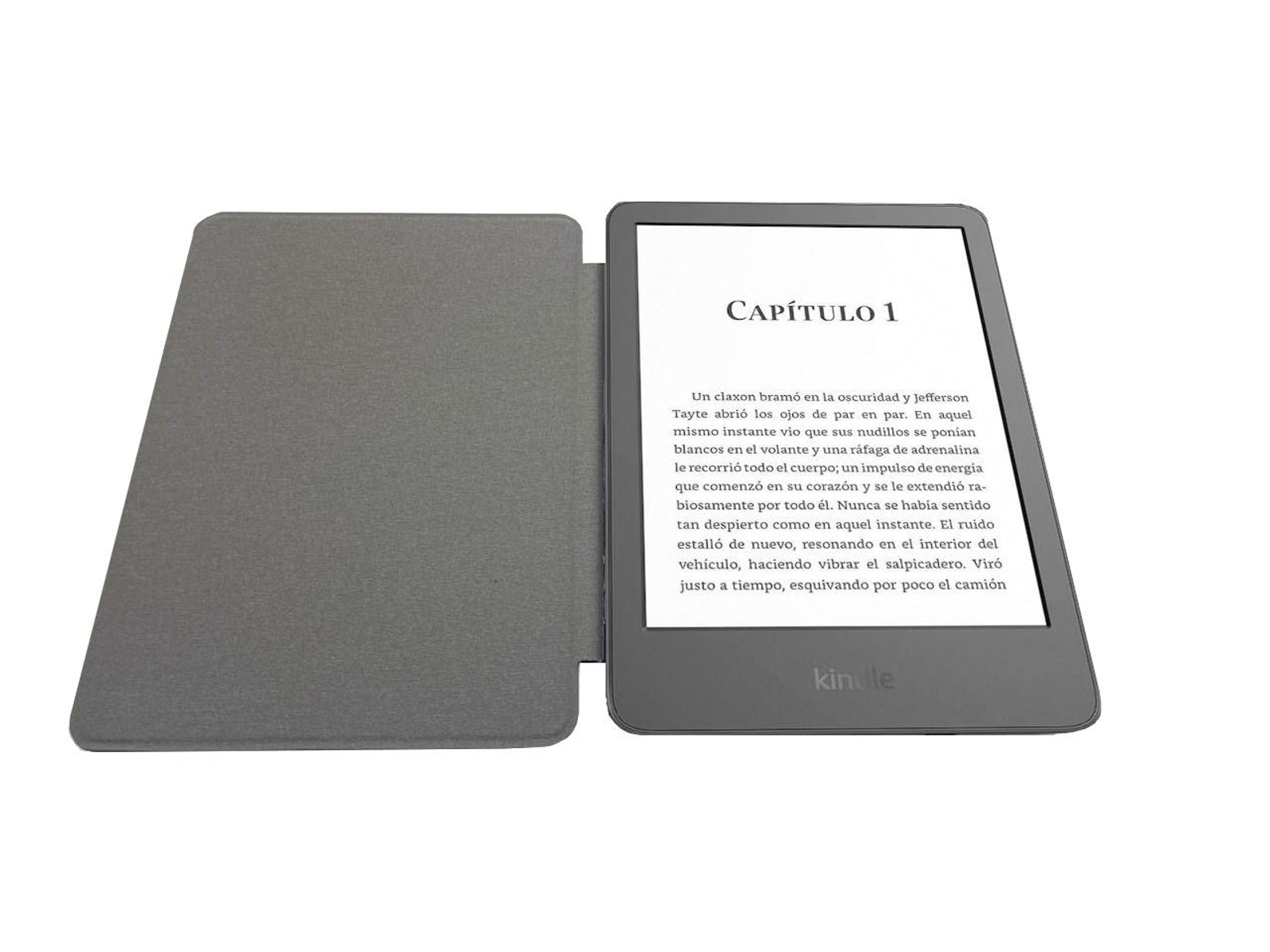 Kindle paperwhite otwarte na białej powierzchni, wyświetlający tekst. Etui jest szare.