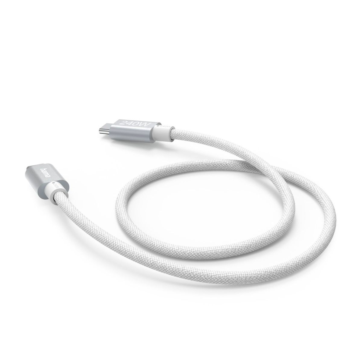 Biały i srebrny kabel USB-C. Kabel jest zwinięty i ma srebrne złącze na każdym końcu, z logo.