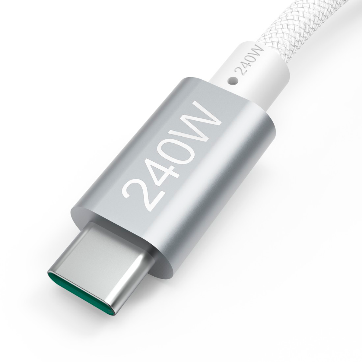 Srebrny kabel USB-C 240W z białym kablem i zieloną końcówką złącza.