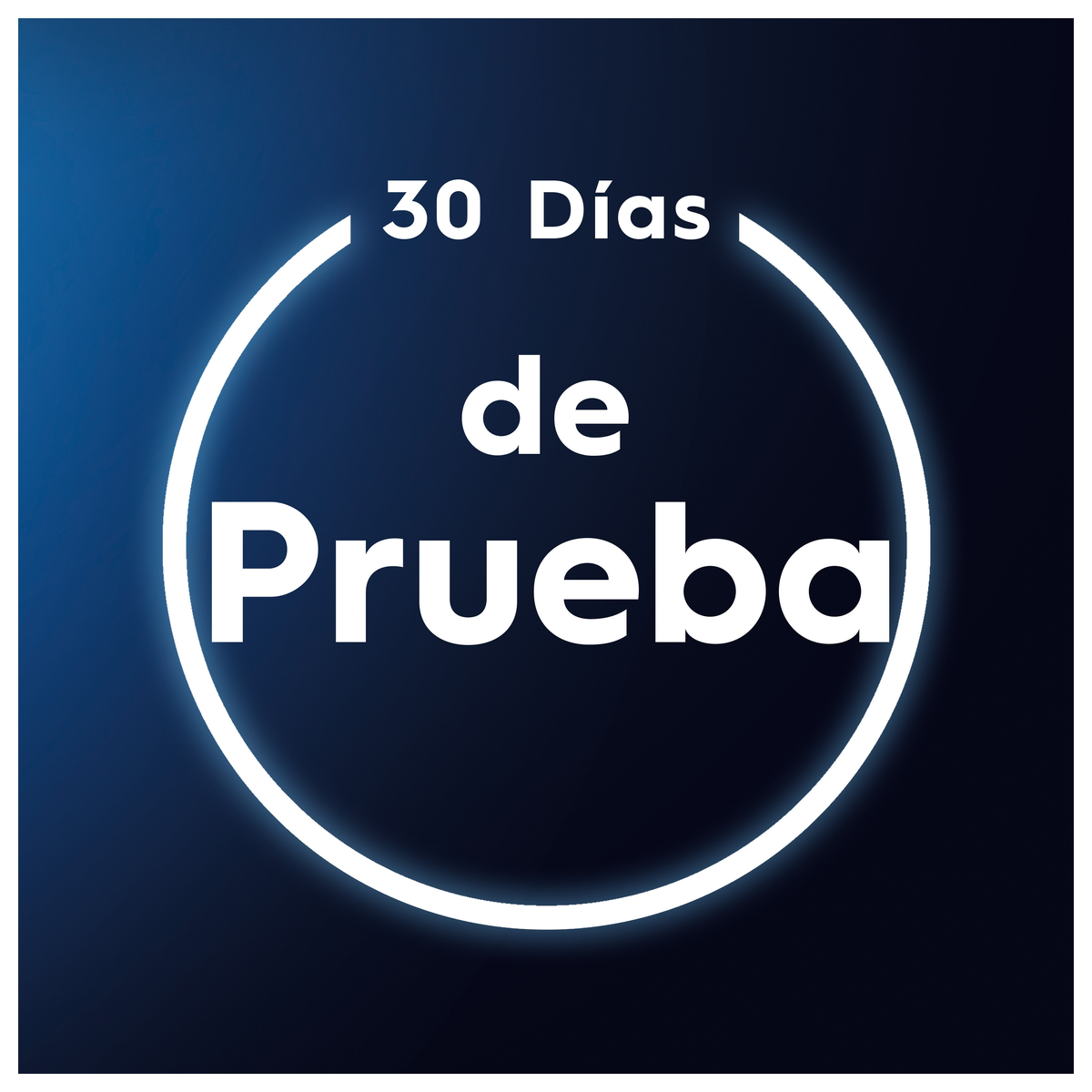Círculo blanco con texto '30 Días de Prueba' sobre fondo degradado azul oscuro.