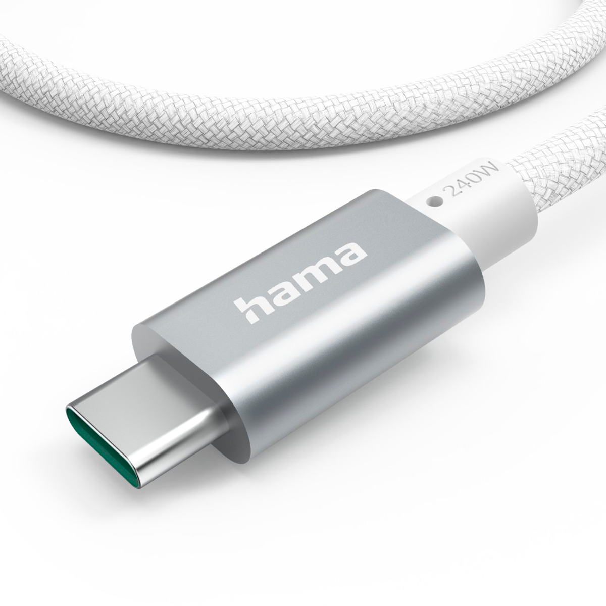 Srebrny kabel USB-C Hama z białym plecionym kablem, białe tło.