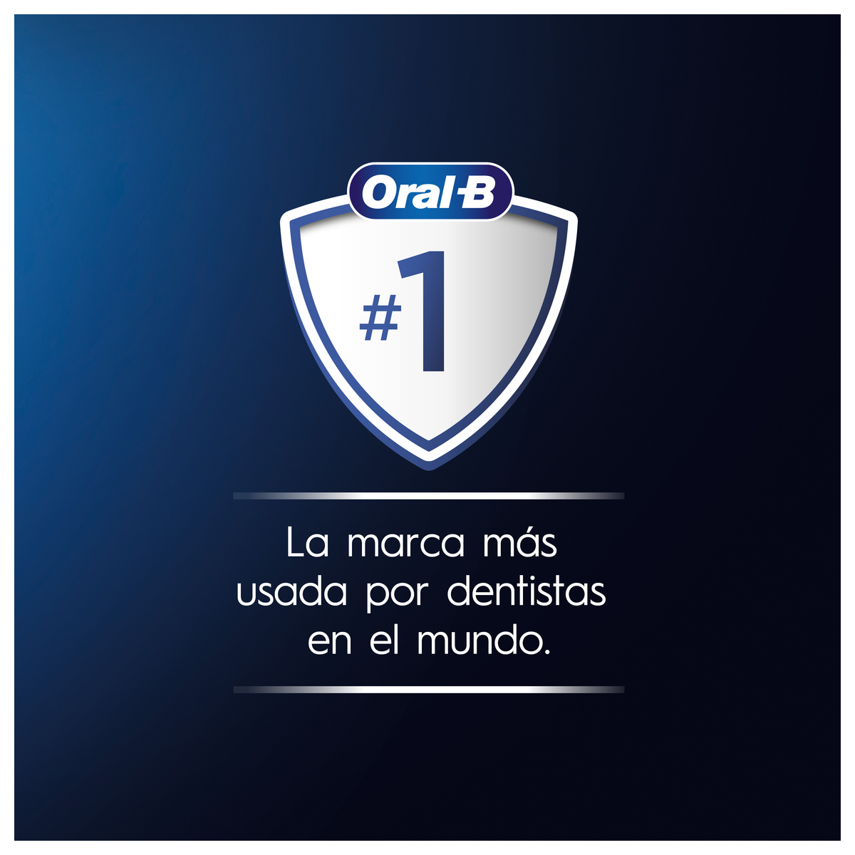 Logo de Oral-B sobre fondo azul oscuro. El texto dice 'La marca más usada por dentistas en el mundo'.