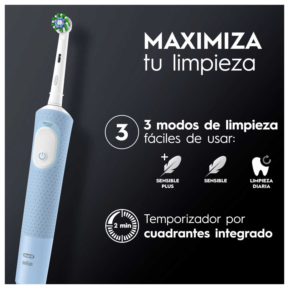 Cepillo de dientes eléctrico y texto. Texto: 3 modos de limpieza, temporizador de 2 minutos. Fondo: Superficie negra.