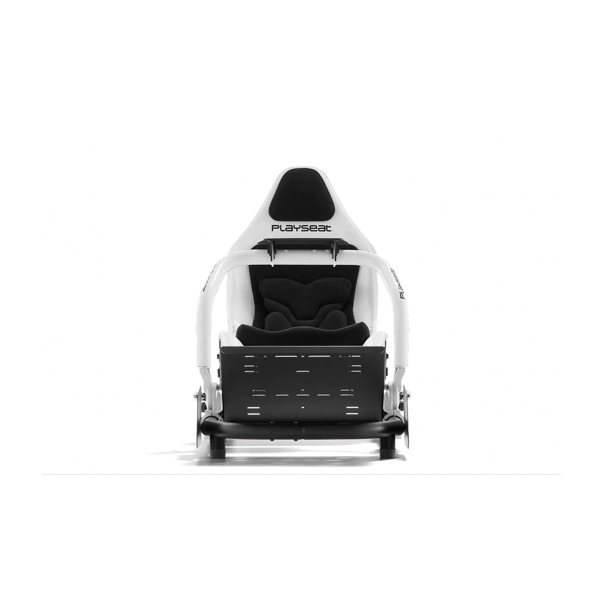 Sedia da corsa bianca e nera con logo Playset. Vista frontale su sfondo bianco.