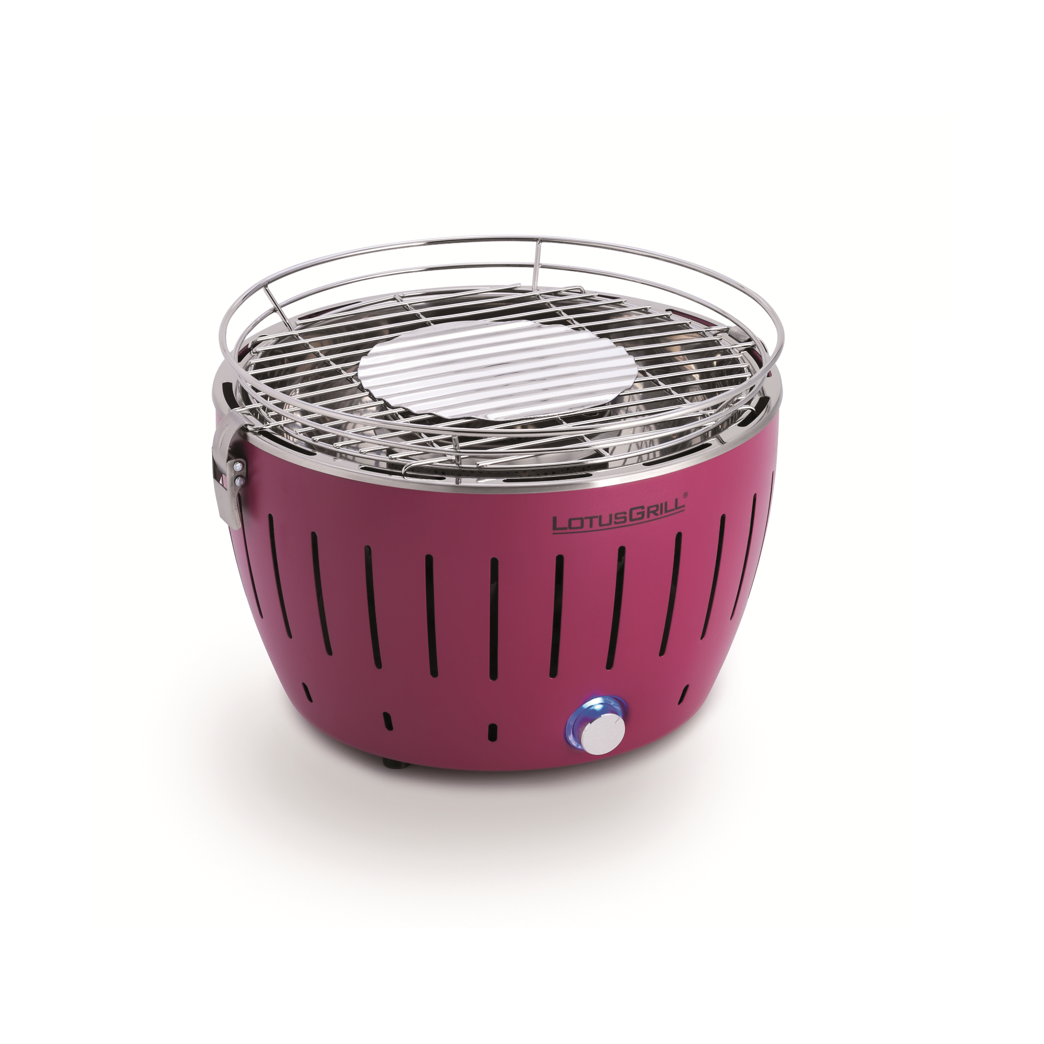 Rosafarbener LotusGrill-Grill, runde Form, silberner Grillaufsatz. Blauer Einschaltknopf. Weißer Hintergrund.