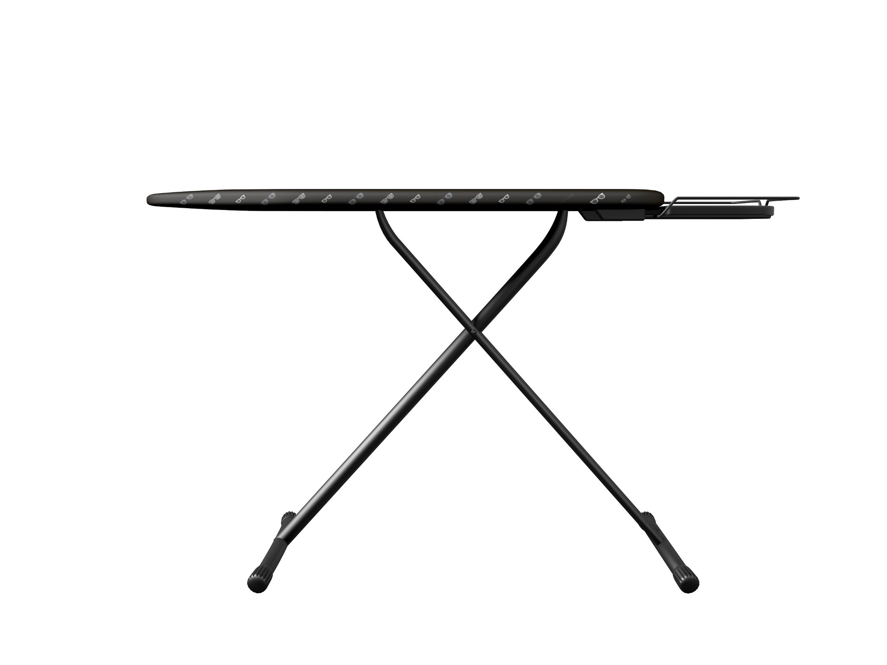 Asse da stiro nero con piano fantasia e gambe a forma di X, sfondo bianco.