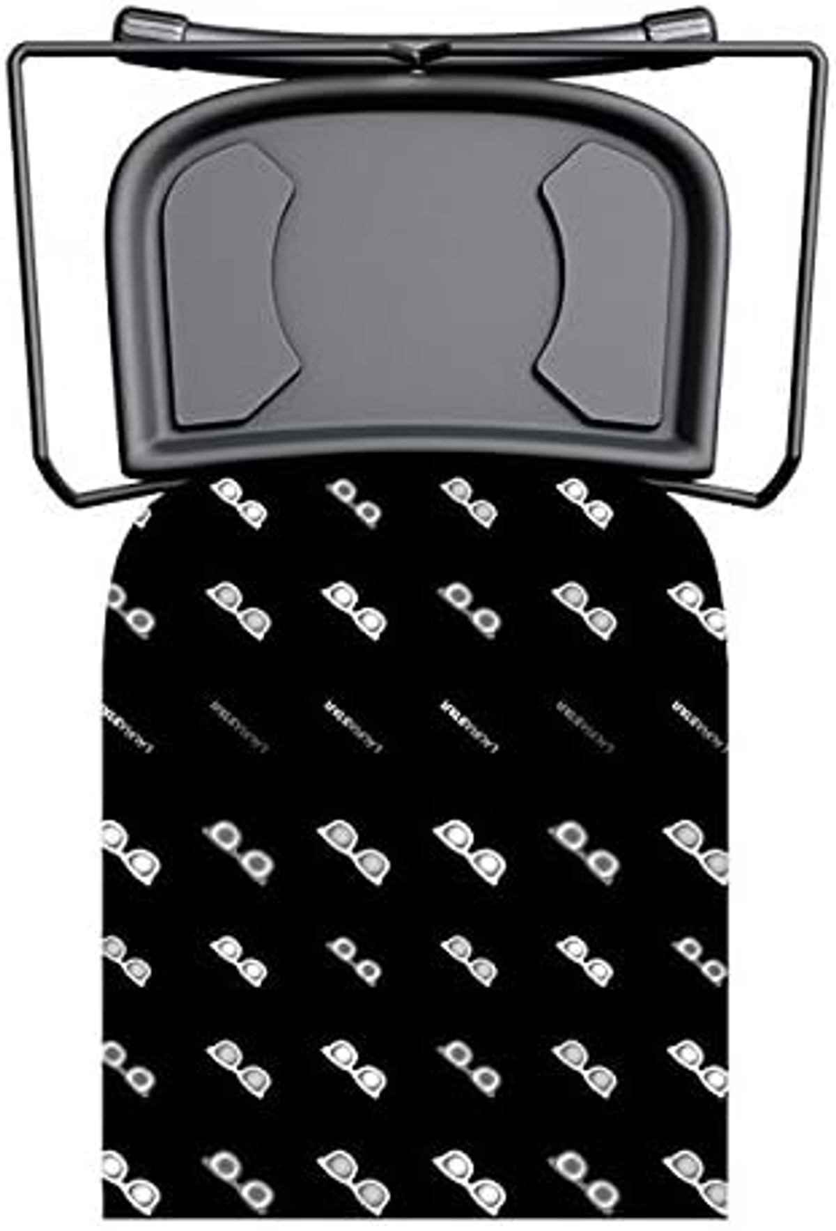 Asse da stiro con copertura nera a motivo di reggiseni bianchi. Supporto nero.