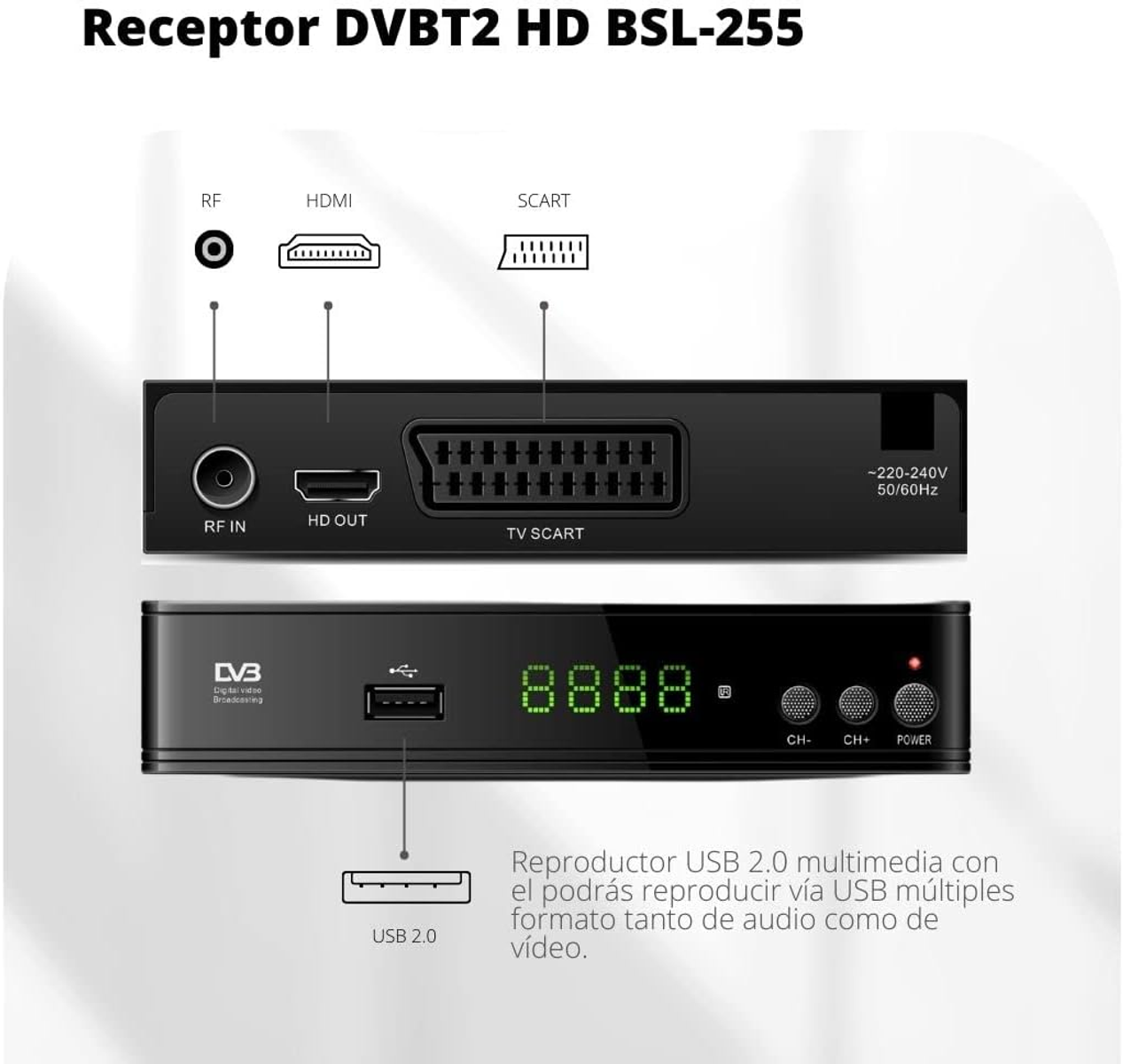 Un receptor DVB-T2 HD negro con múltiples puertos de entrada/salida y una pantalla digital.