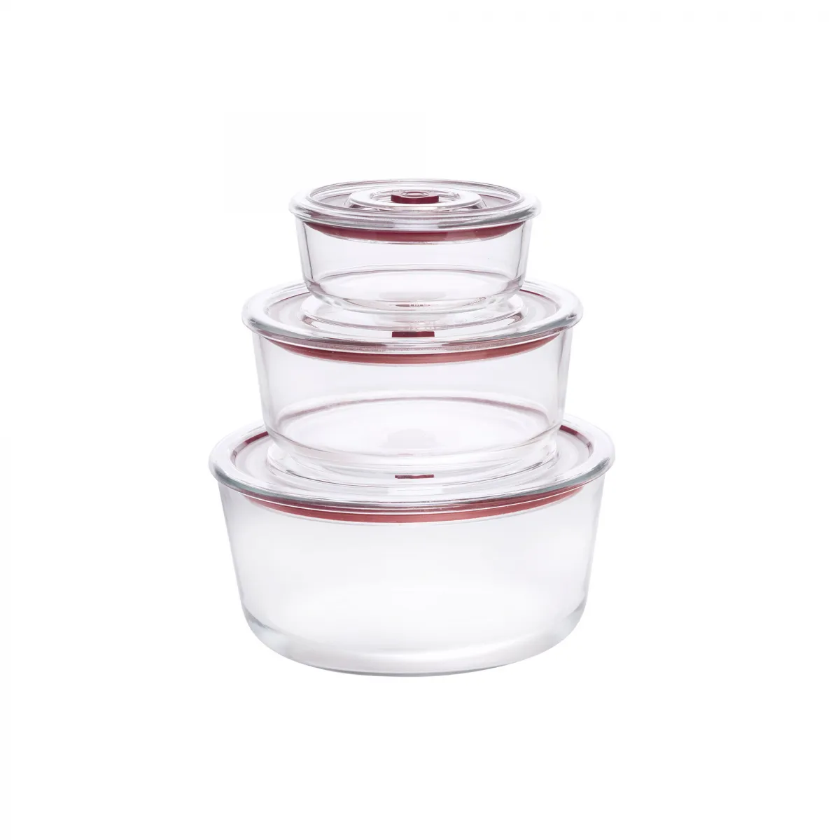 Tres recipientes transparentes de vidrio para almacenar alimentos con tapas rojas, apilados uno encima del otro.