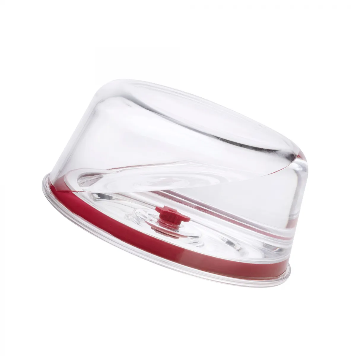 Un recipiente transparente inclinado con un borde rojo. Tiene una perilla roja en la parte superior.