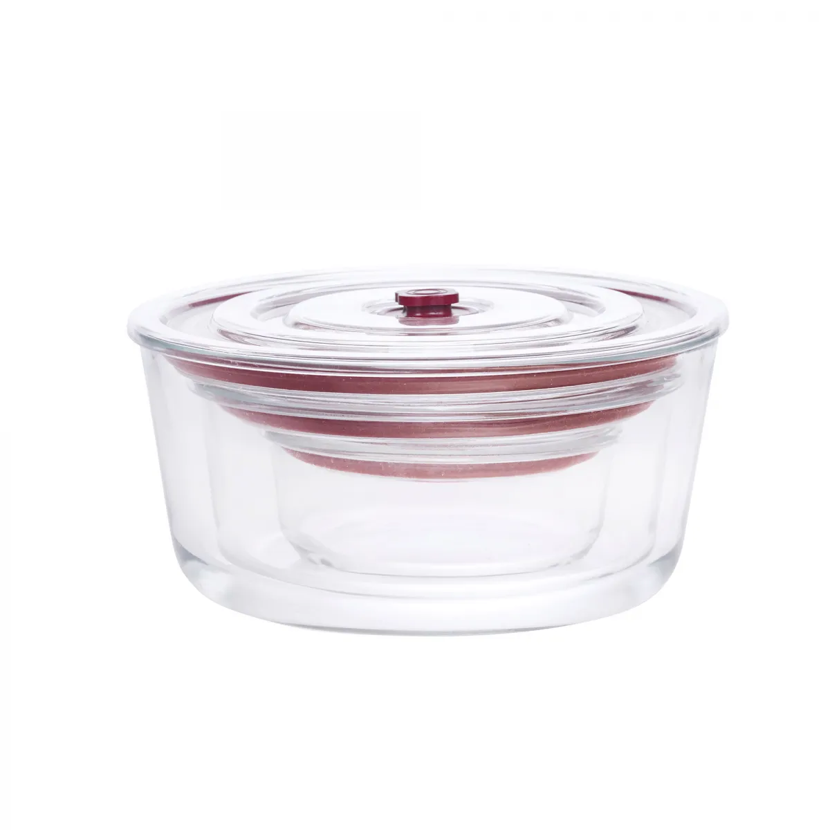 Un juego de recipientes de vidrio transparente para alimentos con sellos rojos, anidados juntos.