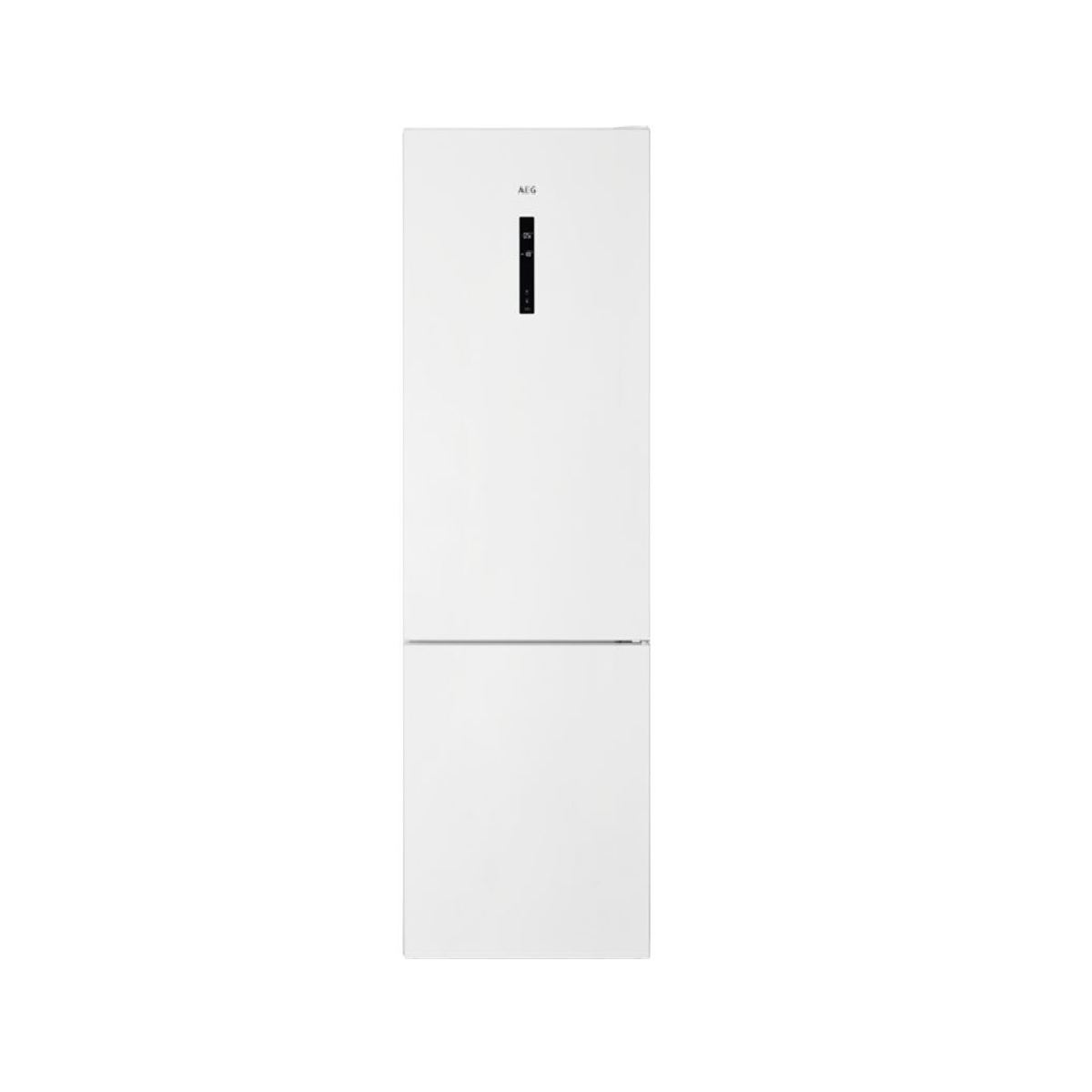Witte koelkast met twee deuren, een display en het AEG-logo.