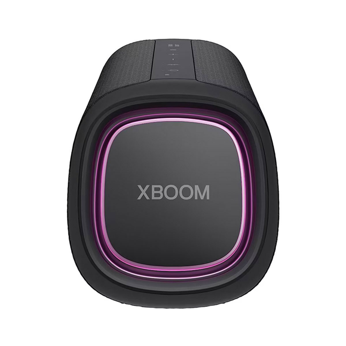 Altoparlante LG XBOOM nero. Presenta una parte anteriore scura con un bordo e un logo rosa brillante.