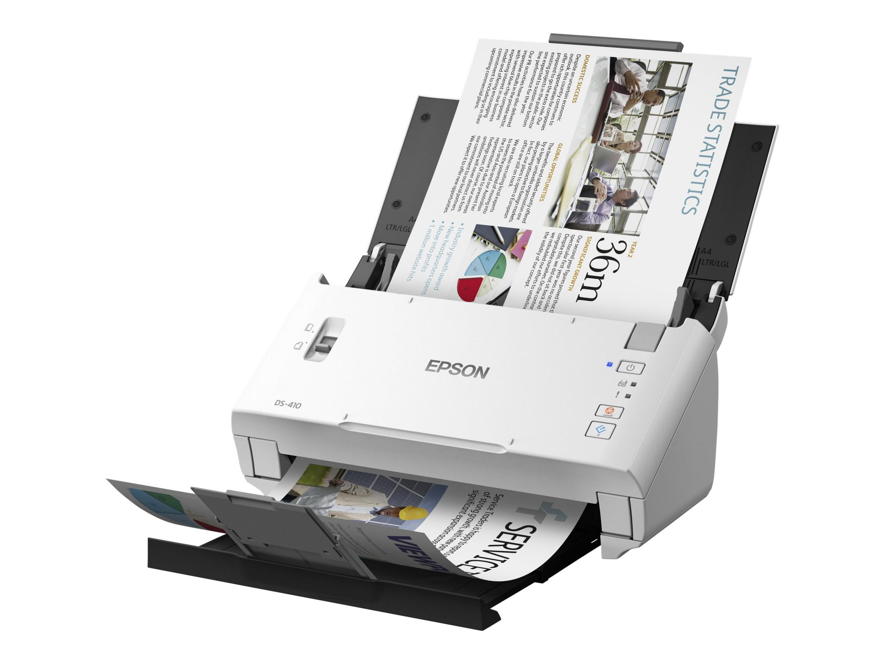 Skaner Epson DS-410 z włożonymi papierami. Białe tło.