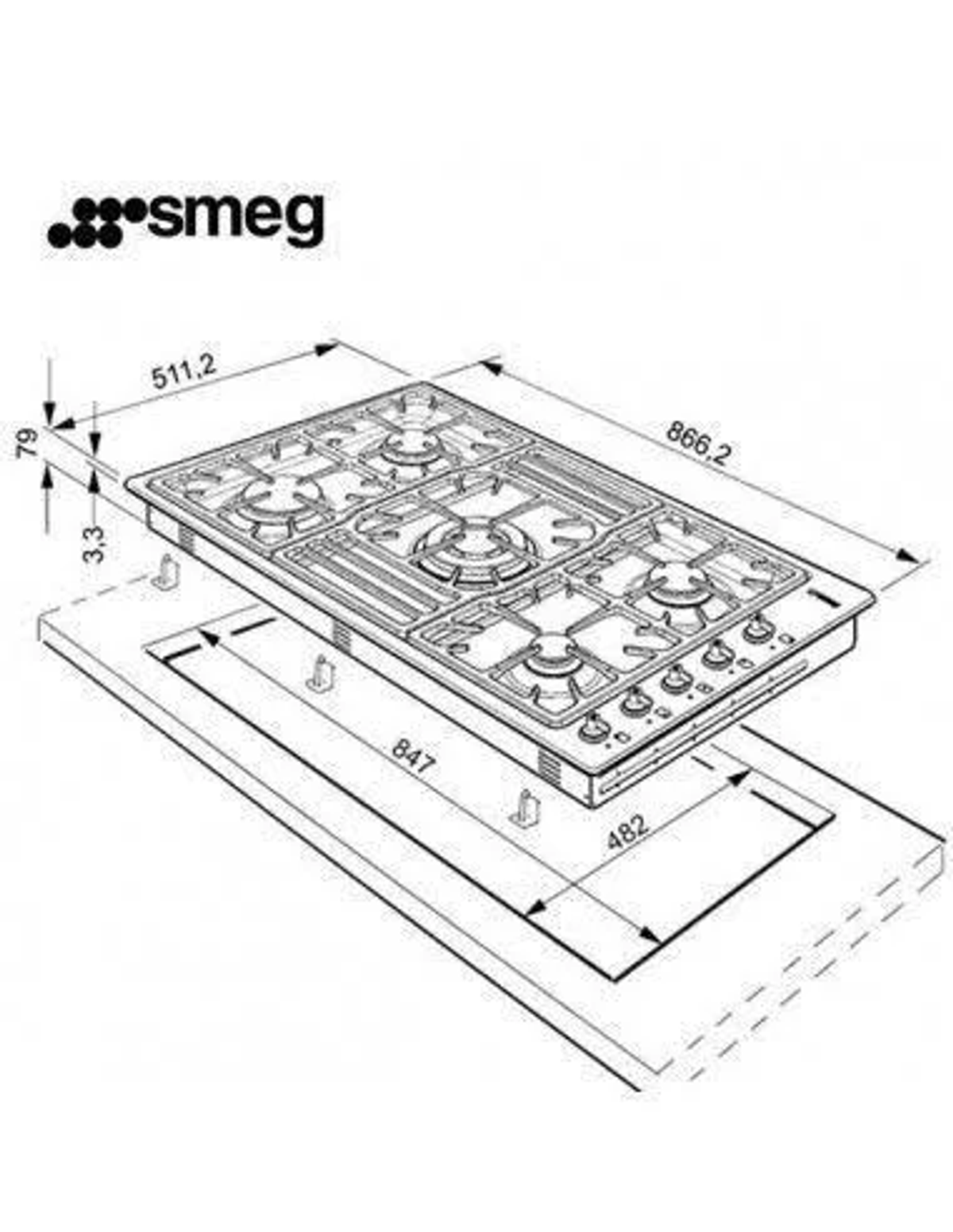 Vista superior de una estufa de gas con medidas y el logo de smeg sobre un fondo blanco.