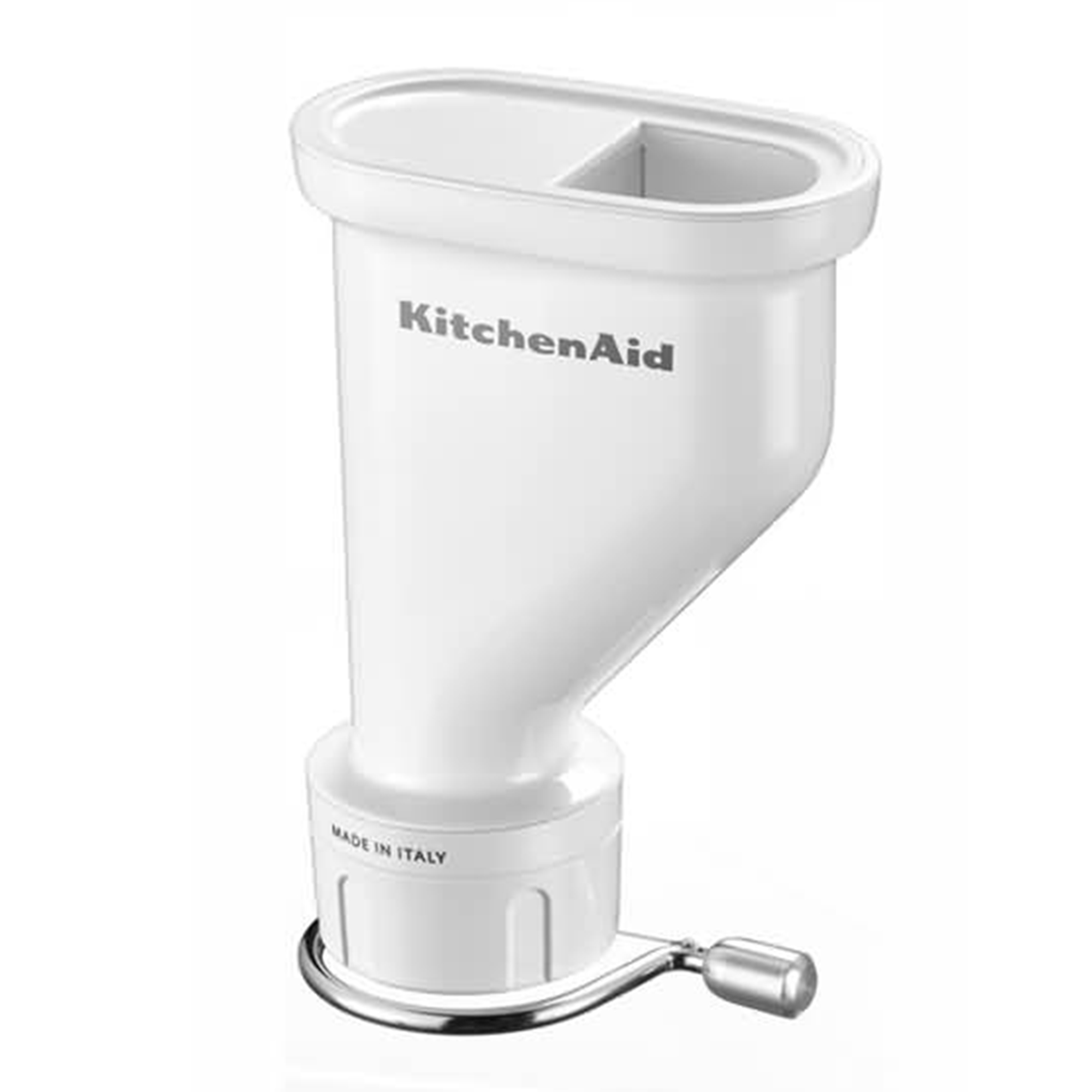 Weißer KitchenAid-Fleischwolf, hergestellt in Italien, mit Handkurbel. Er hat eine Trichterform und einen Griff.