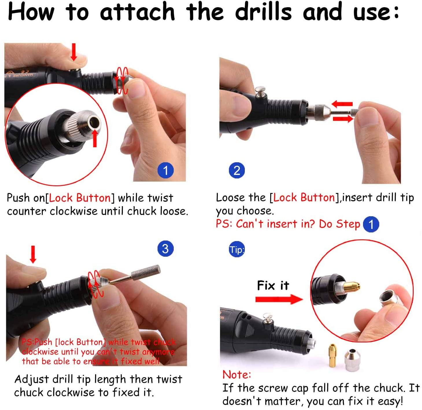 Instrukcje dotyczące mocowania i używania końcówki wiertła za pomocą diagramów i tekstu.