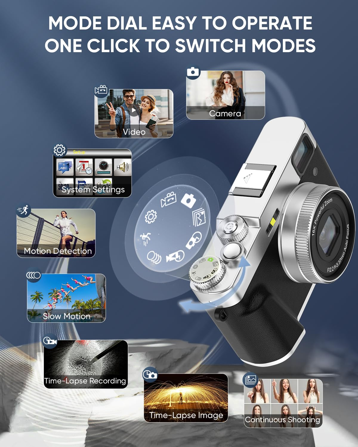 Aparat z wieloma ikonami trybów, w tym wideo, aparatem i ustawieniami systemowymi.