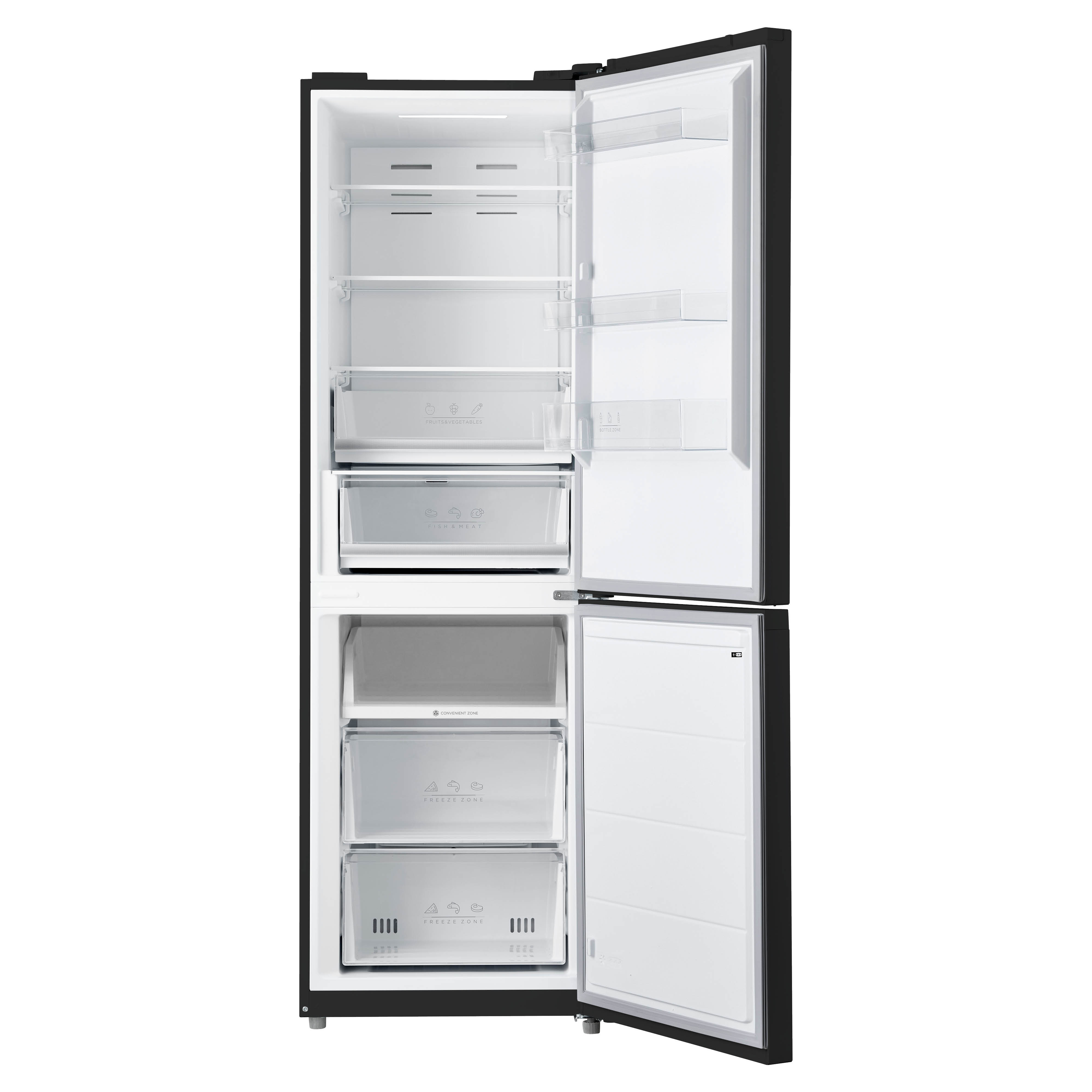 Black refrigerator with open doors, showing interior with shelves, drawers, and a freezer section.