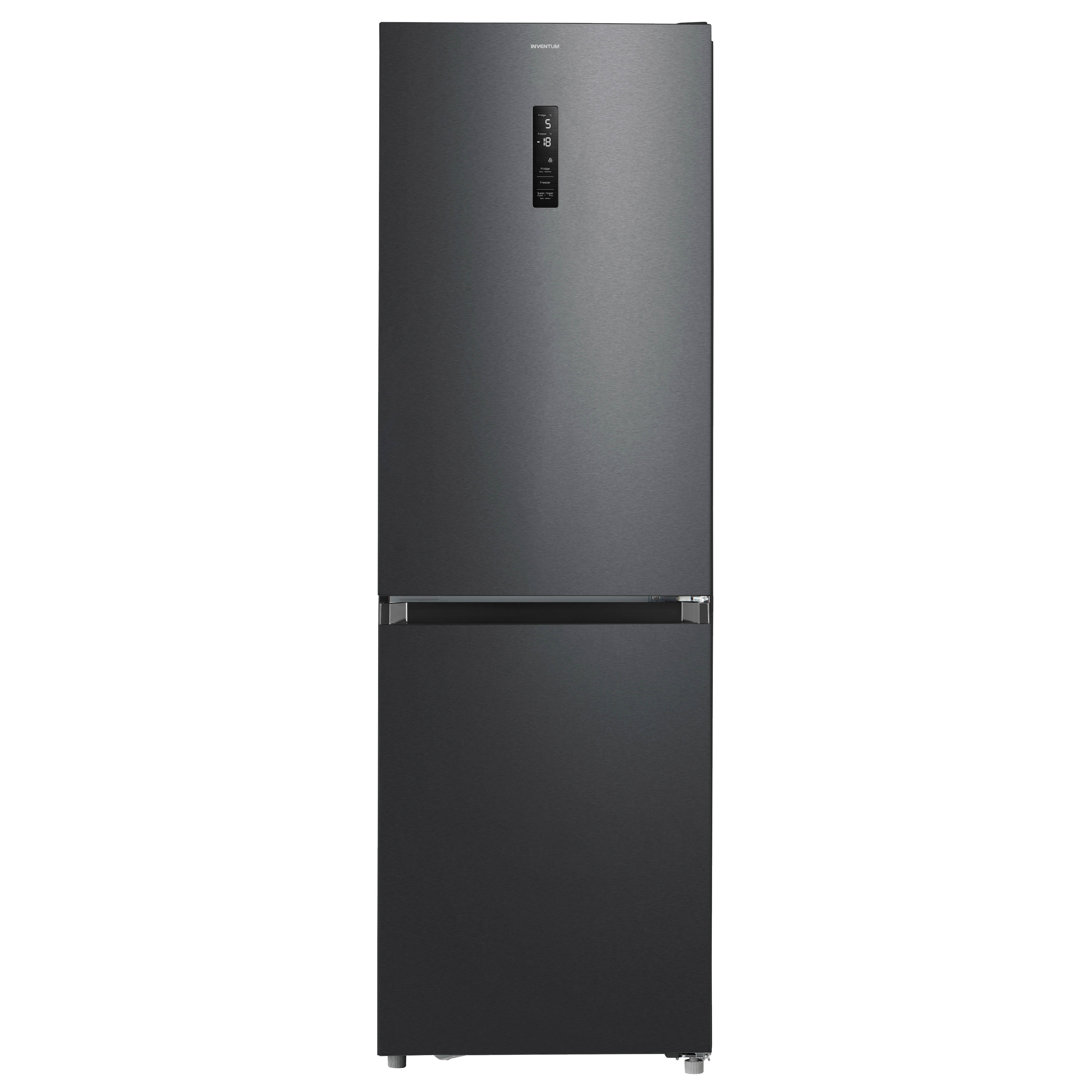 Black refrigerator with two doors. Digital display on the door.