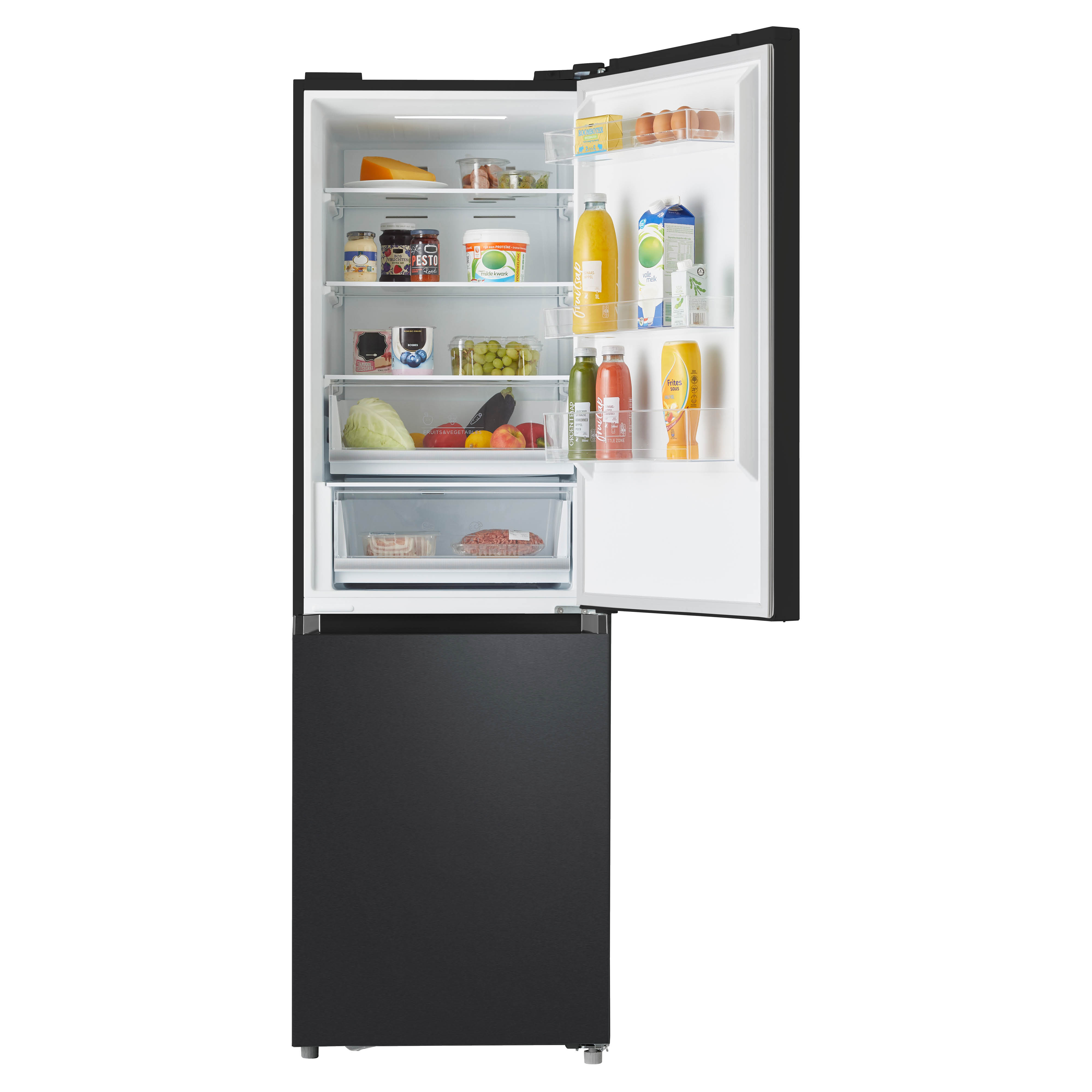 A black refrigerator with the door open, filled with food items.