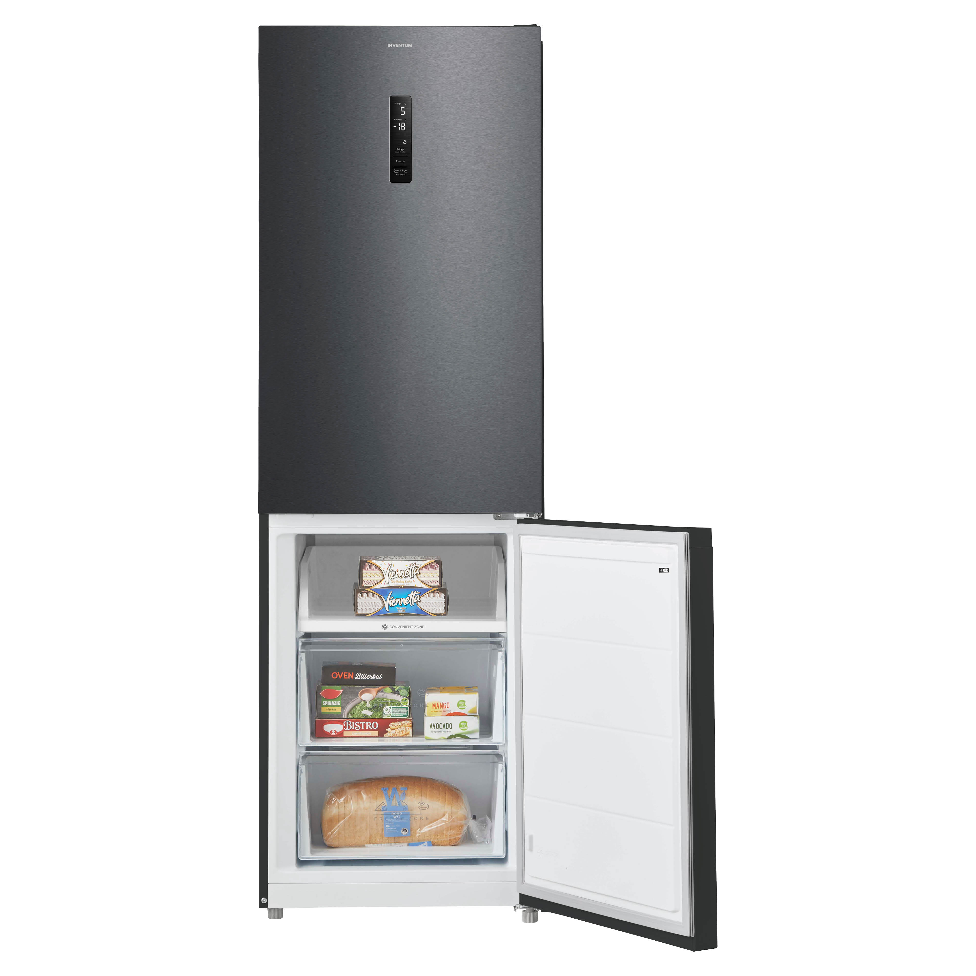 A black refrigerator with the freezer door open, revealing drawers with food inside.