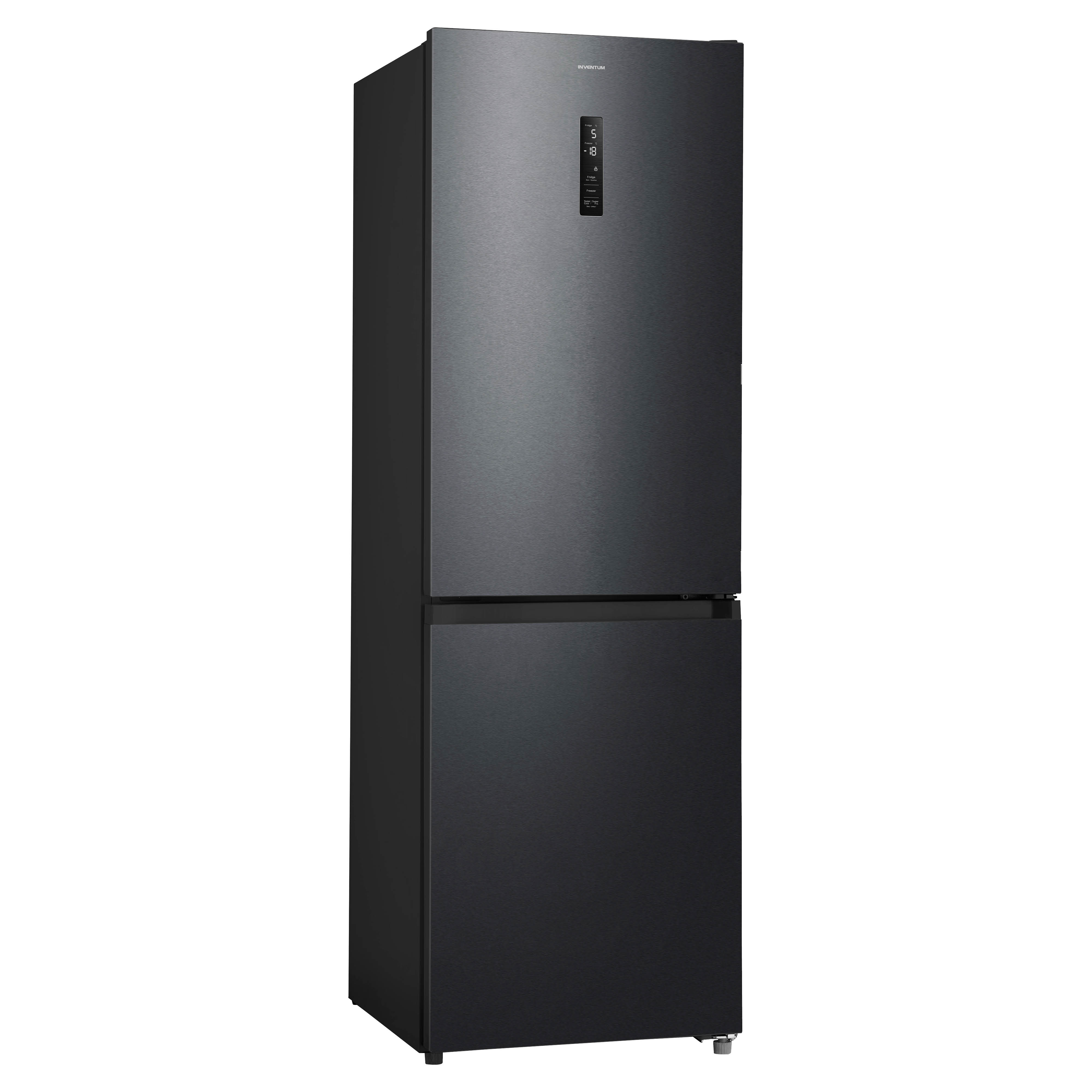 A black refrigerator with two doors. It has a digital display on the top door and is on a white background.