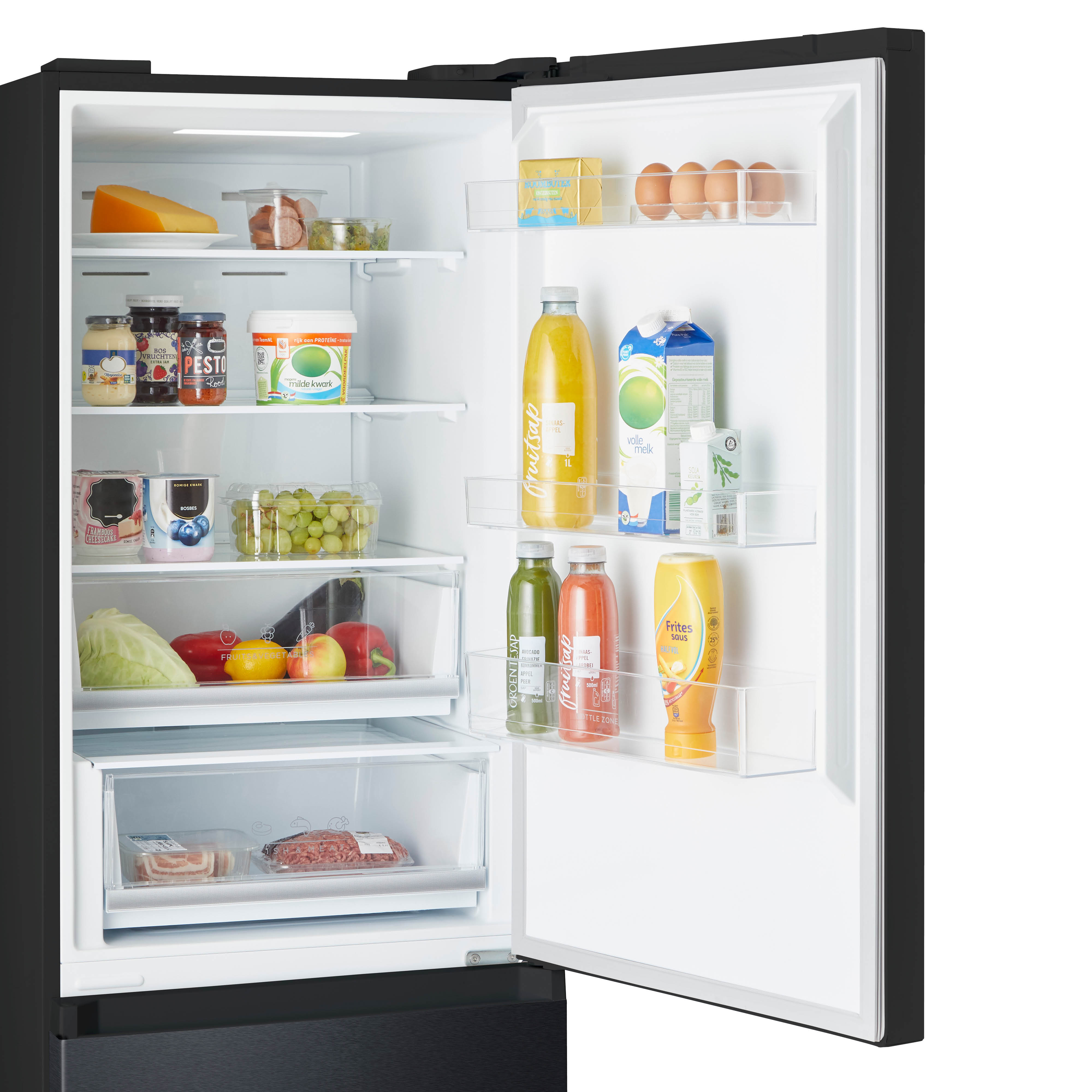 A refrigerator open, filled with groceries. Includes produce, drinks, and dairy products.