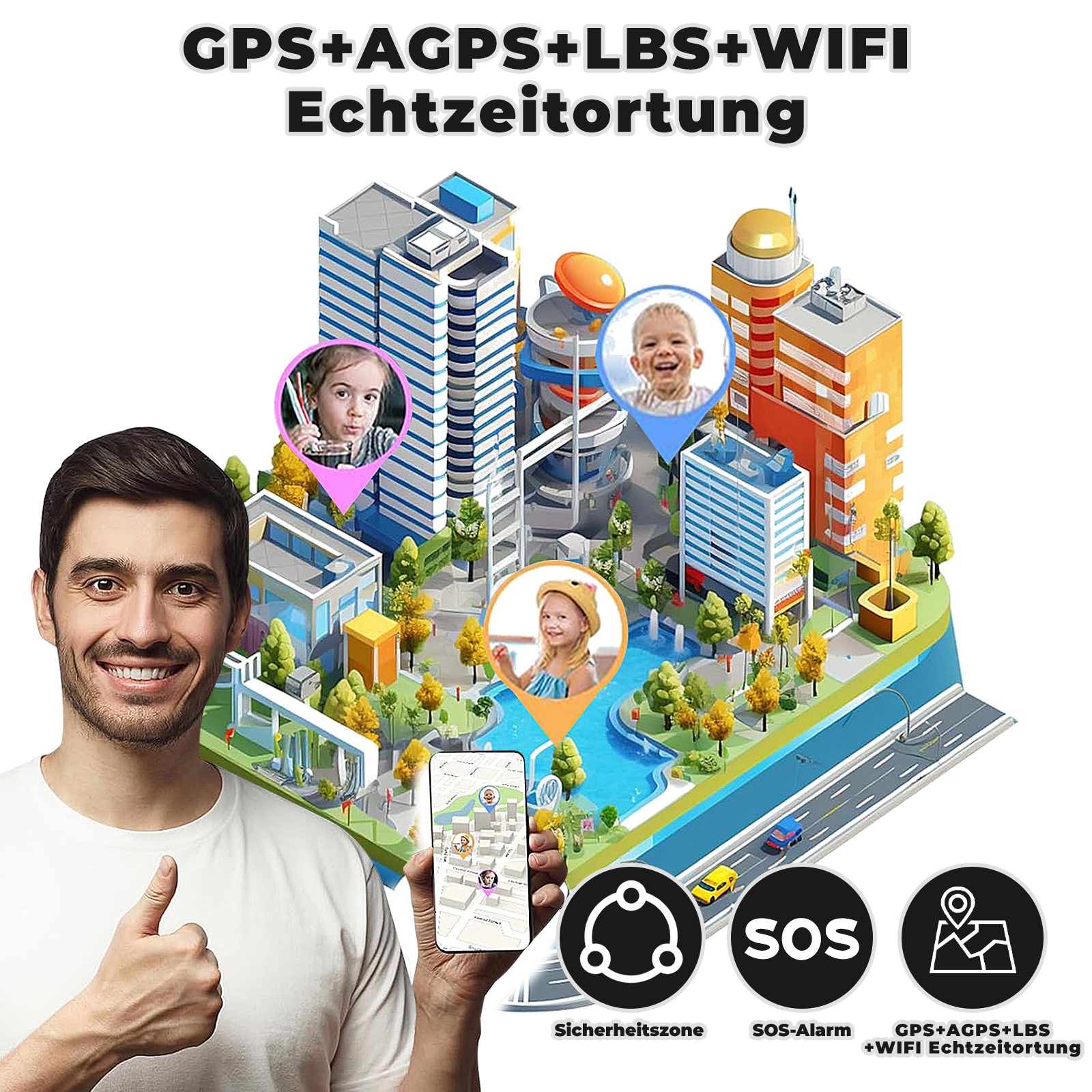 Ein Mann hält ein Telefon mit einer Karte, GPS, Kinder-Symbolen und Text auf einem Gebäudegrund.