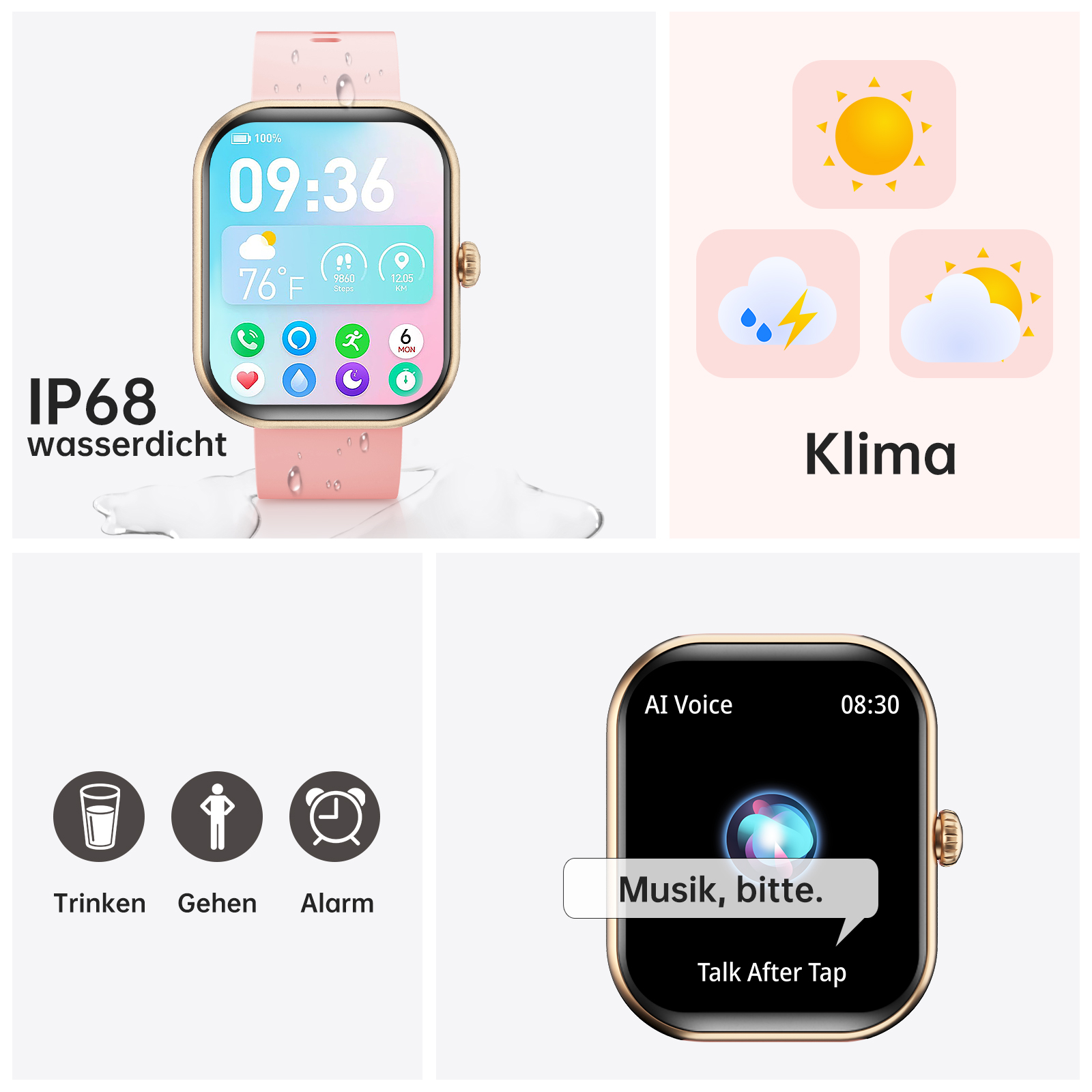 Rosafarbene Smartwatch mit Wetterinfo, Icons für Trinken, Gehen, Alarm, Klima-Icons und KI-Stimme.