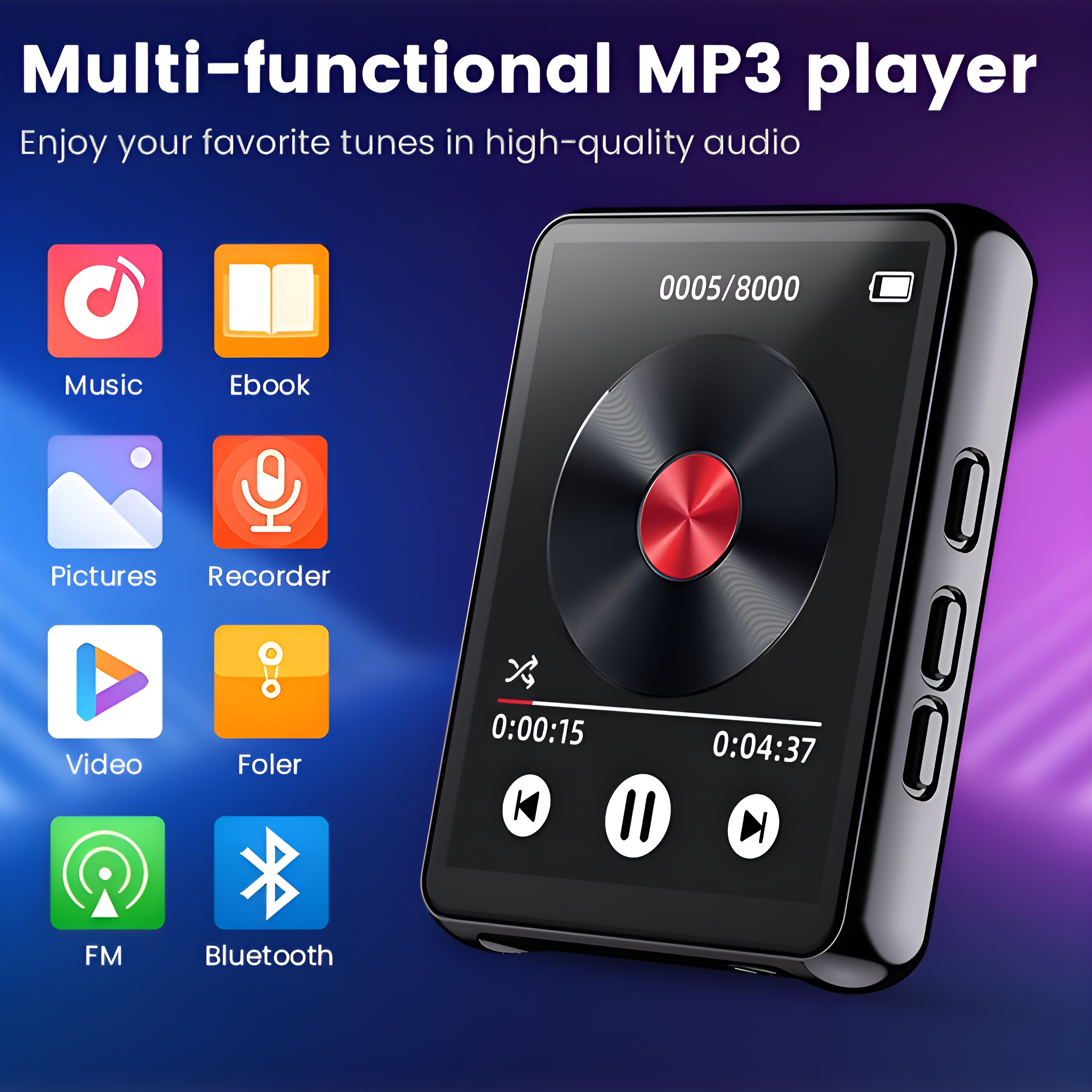 Schwarzer MP3-Player mit Bildschirm, Knöpfen und Symbolen. Er befindet sich auf einem violett-blauen Hintergrund.