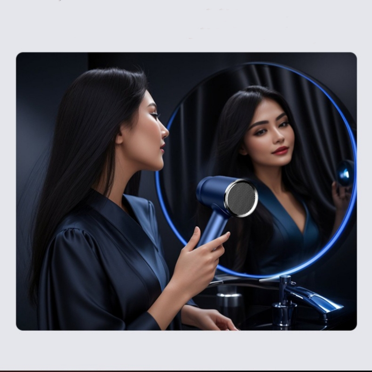 Eine Frau betrachtet ihr Spiegelbild, während sie einen blauen Haartrockner hält.