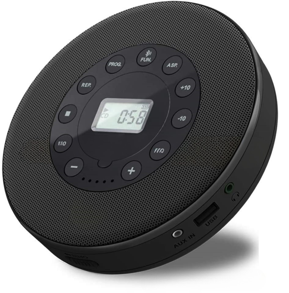 Schwarzer runder CD-Player mit Knöpfen und Display. Aux-in, USB und Kopfhöreranschluss. Weißer Hintergrund.