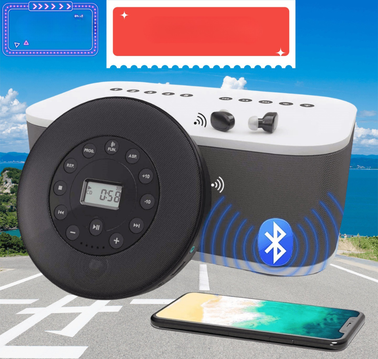 Schwarzer CD-Player, Lautsprecher, Telefon und Bluetooth-Symbol auf Straßenoberfläche.